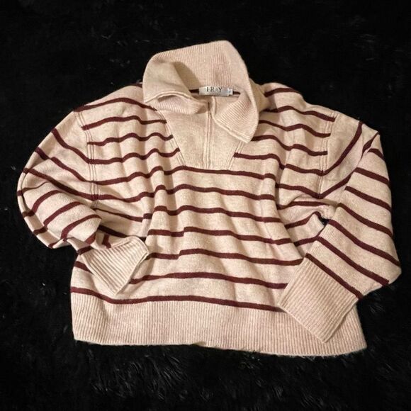 FRAY Sweaters - Fray Boutique Cropped Pink with Maroon Stripped Cowl Neck Sweater